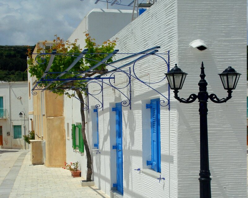 Blue and white village street