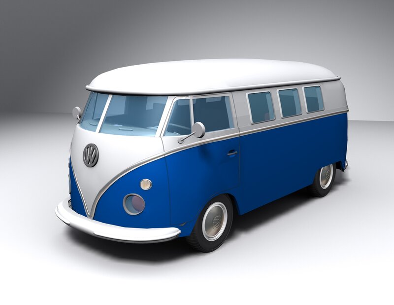 Blue and white VW bus