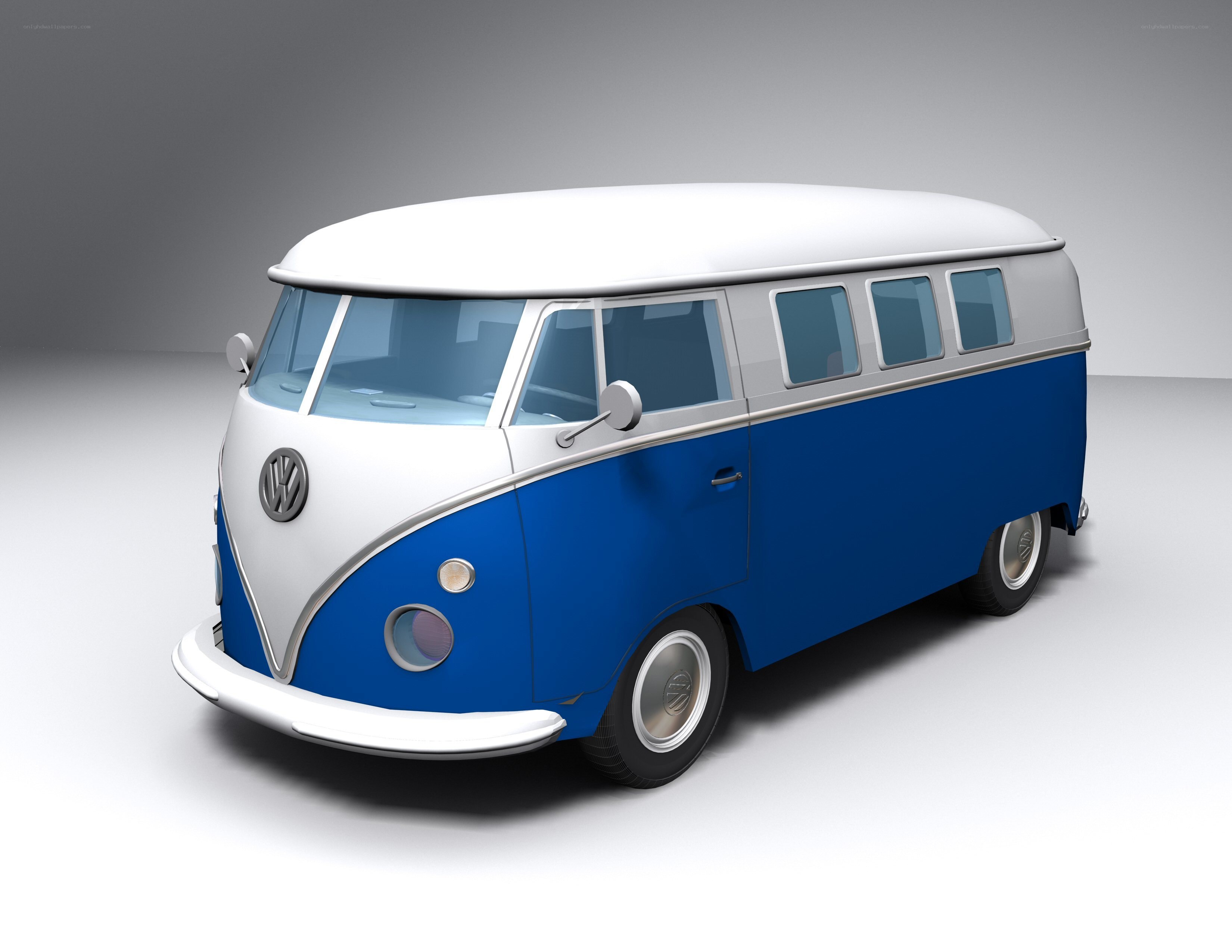 Blue and white VW bus