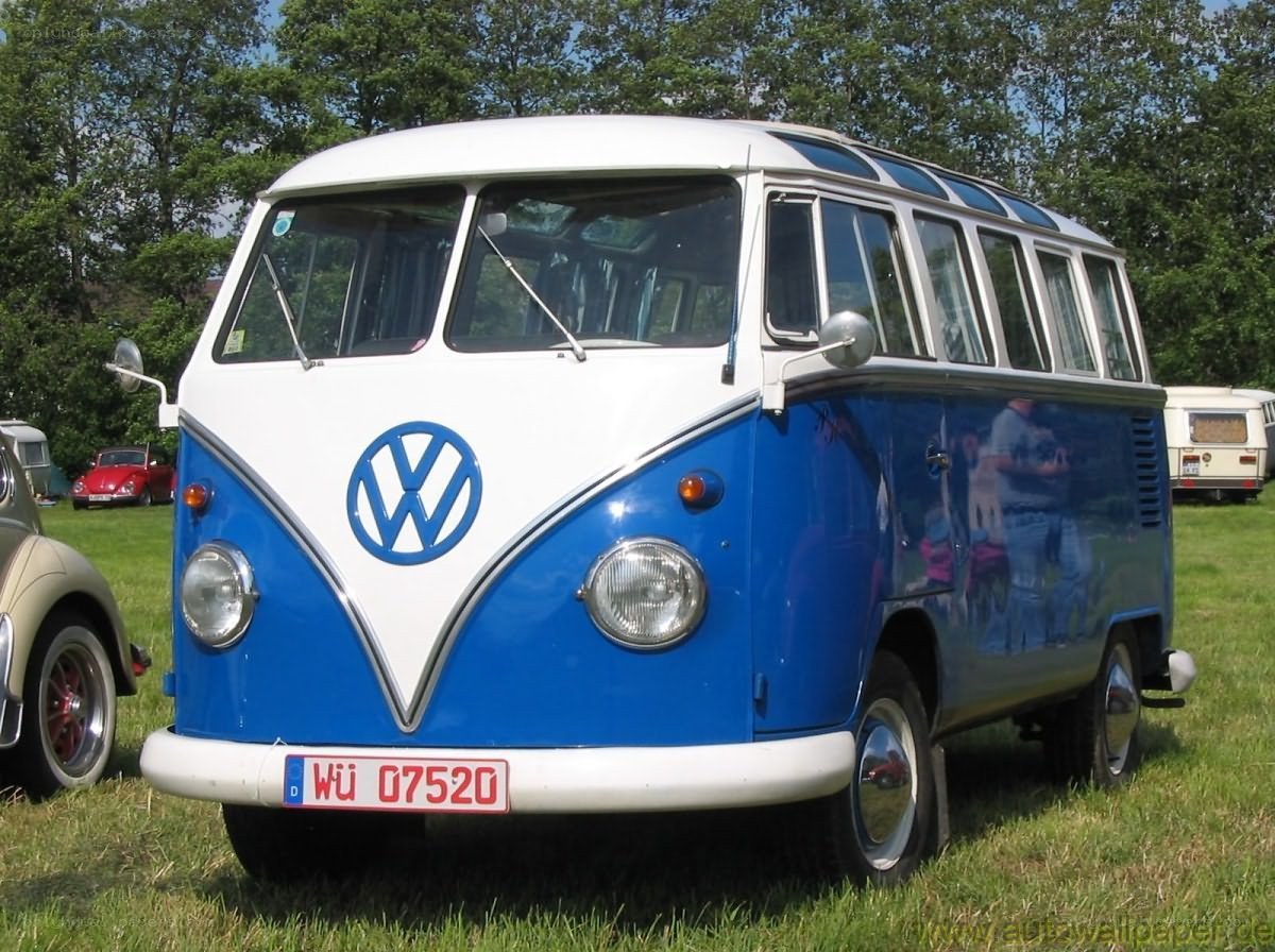 Blue and white VW bus