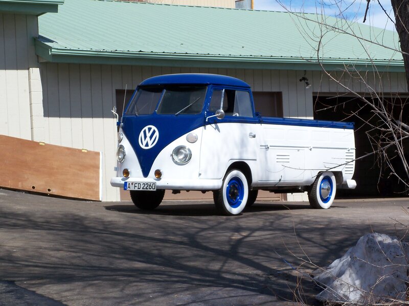 Blue and white VW pickup truck