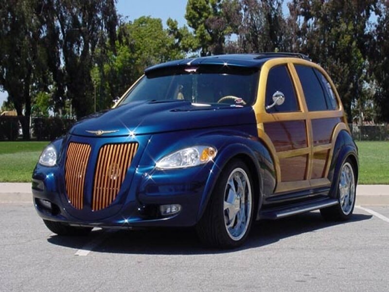 blue and wood-paneled car