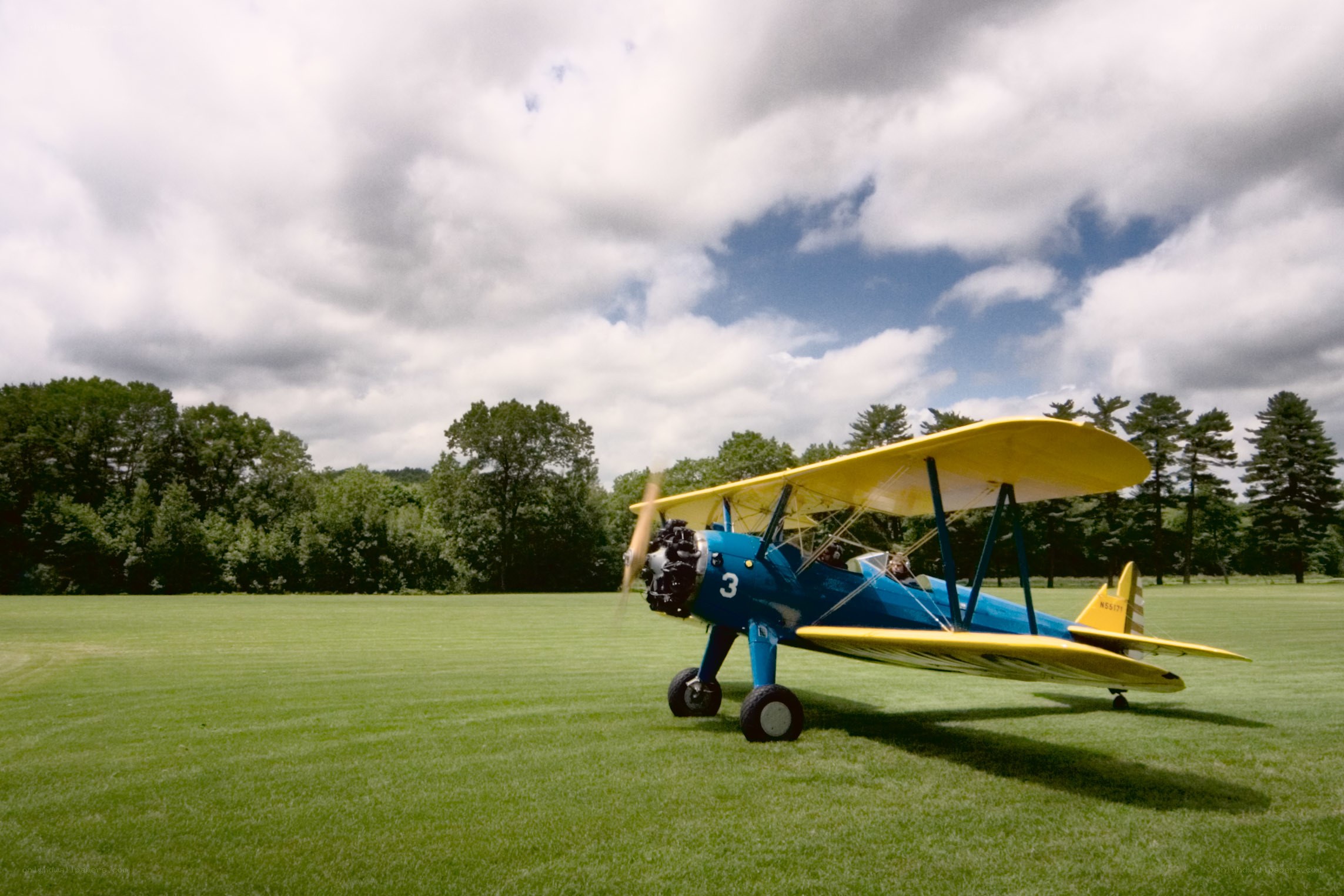 Blue and yellow biplane on grass