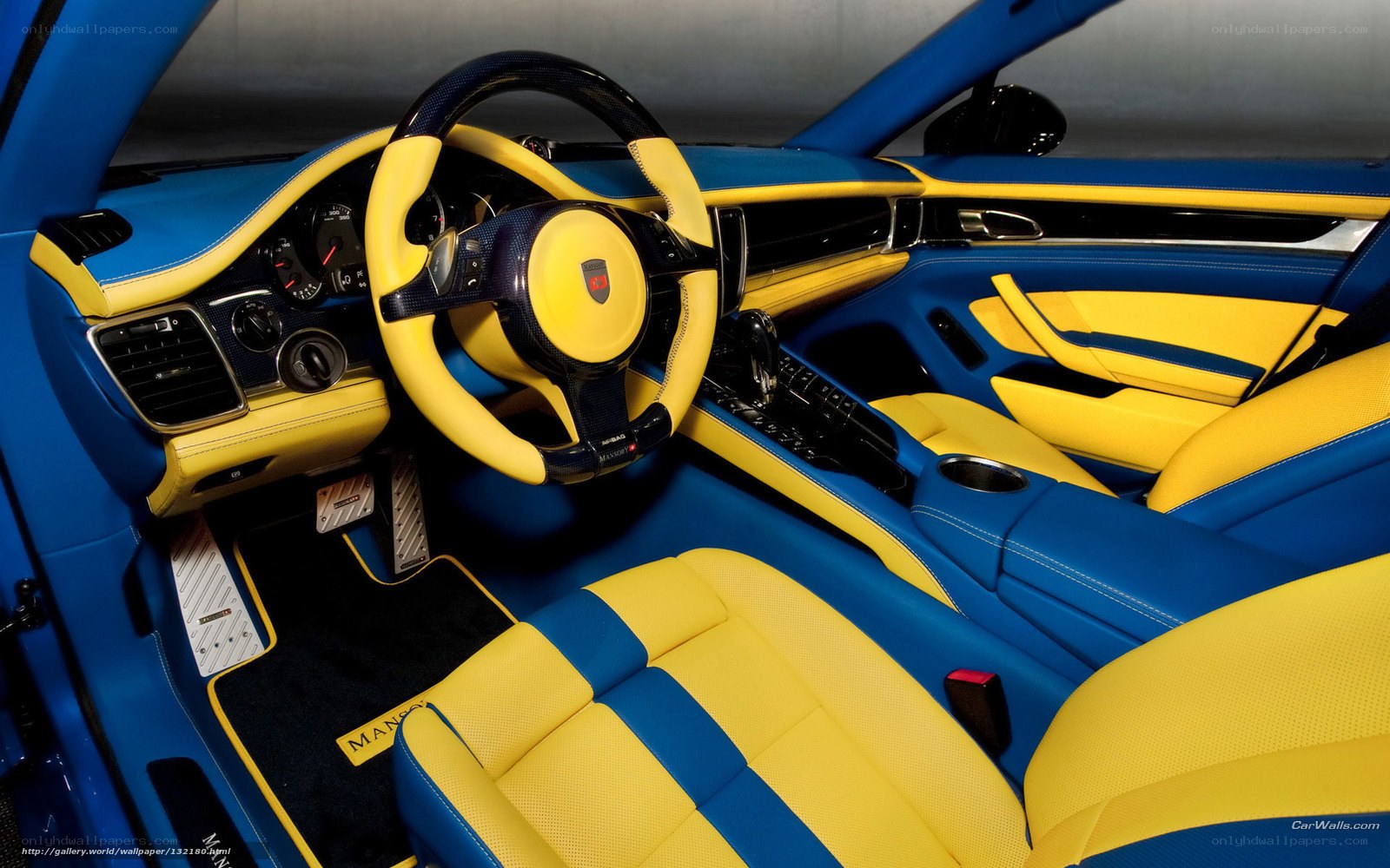 blue and yellow car interior