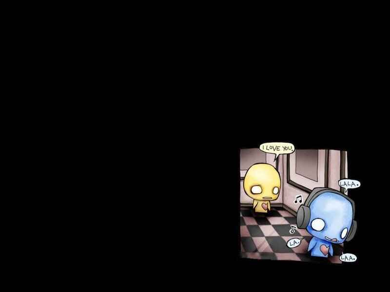 Blue and yellow characters in a room
