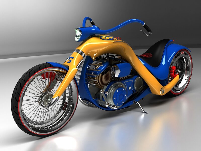 blue and yellow custom chopper motorcycle