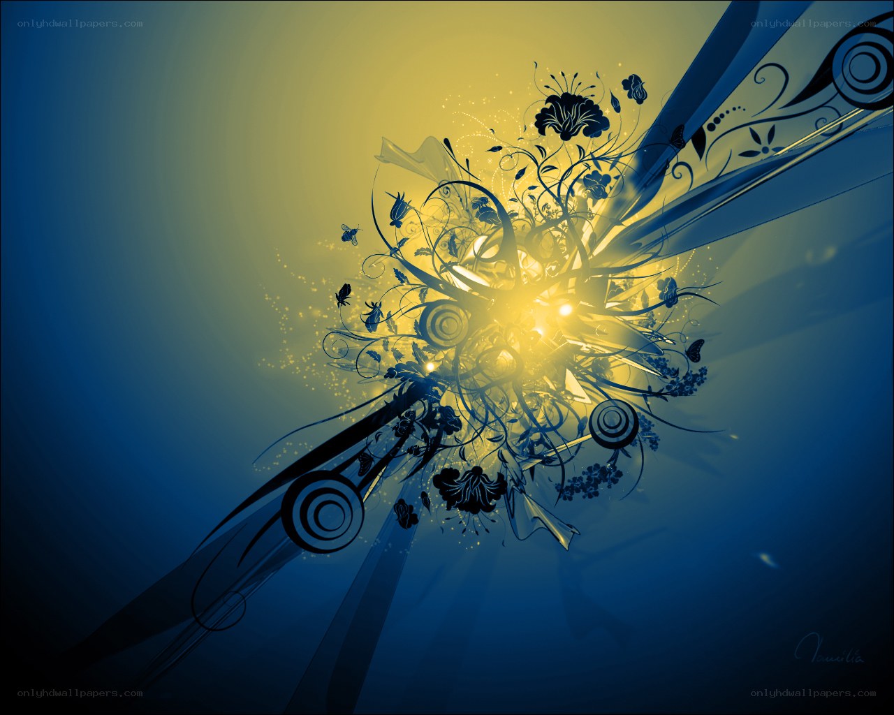 blue and yellow floral abstract