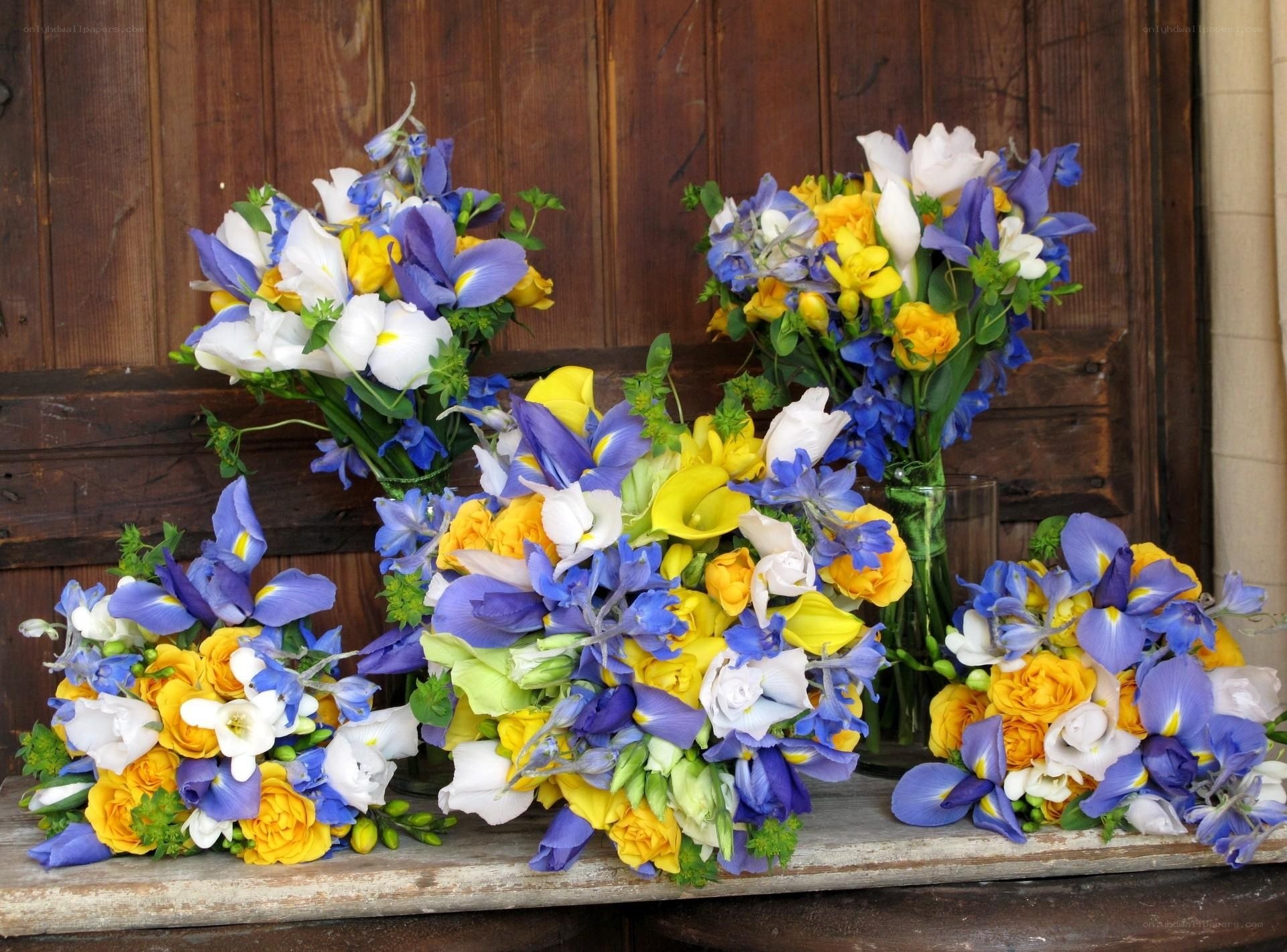 Blue and yellow flower bouquets