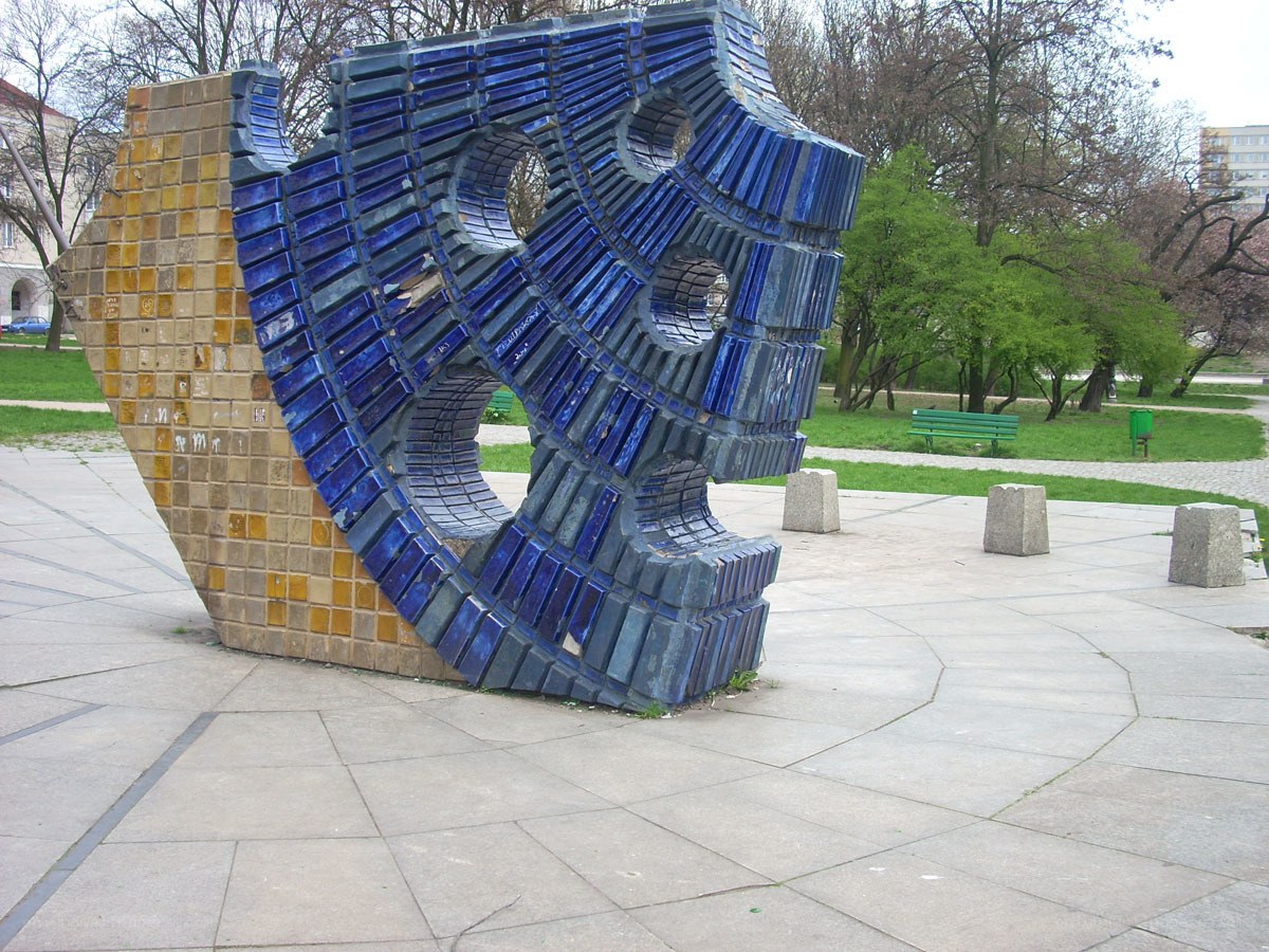 blue and yellow tile sculpture