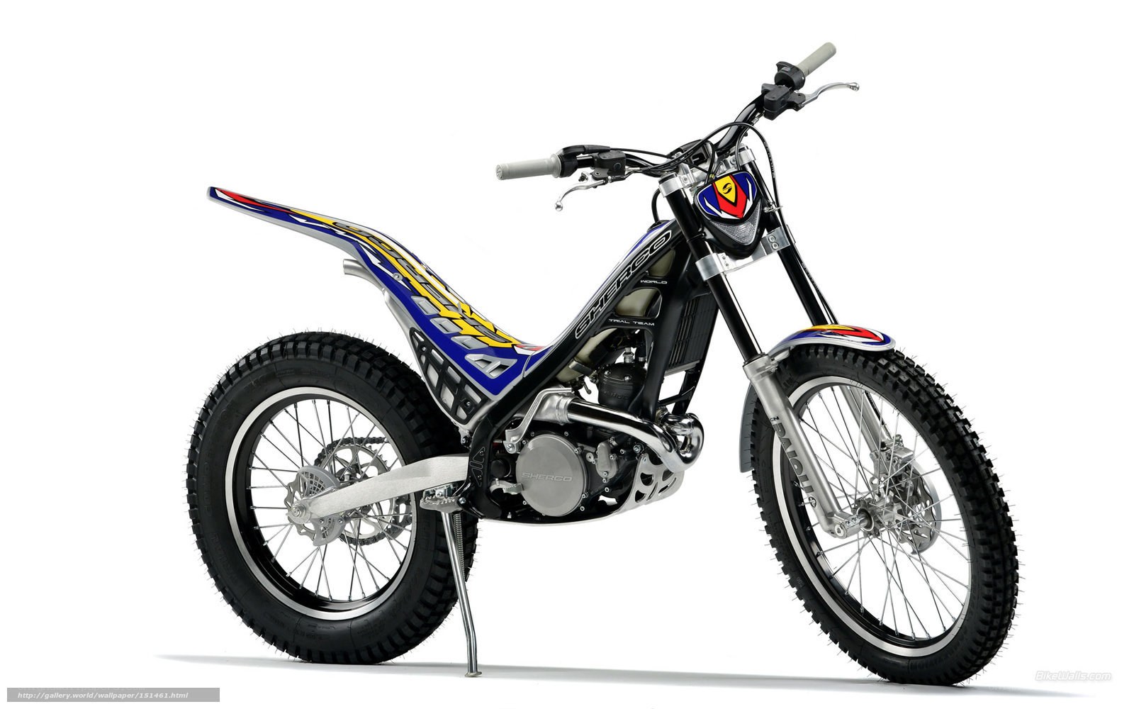 Blue and yellow trial motorcycle