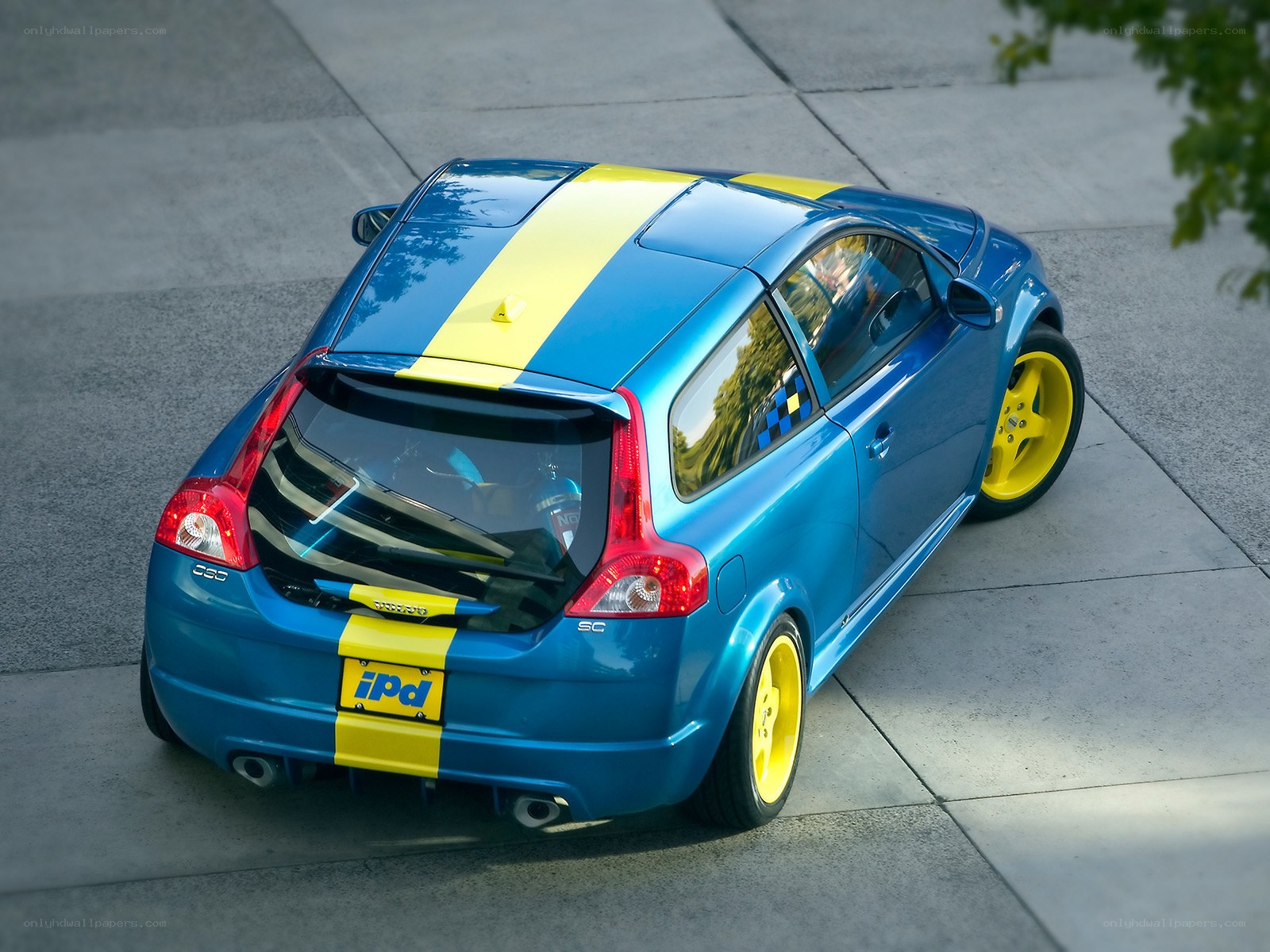 Blue and yellow Volvo C30