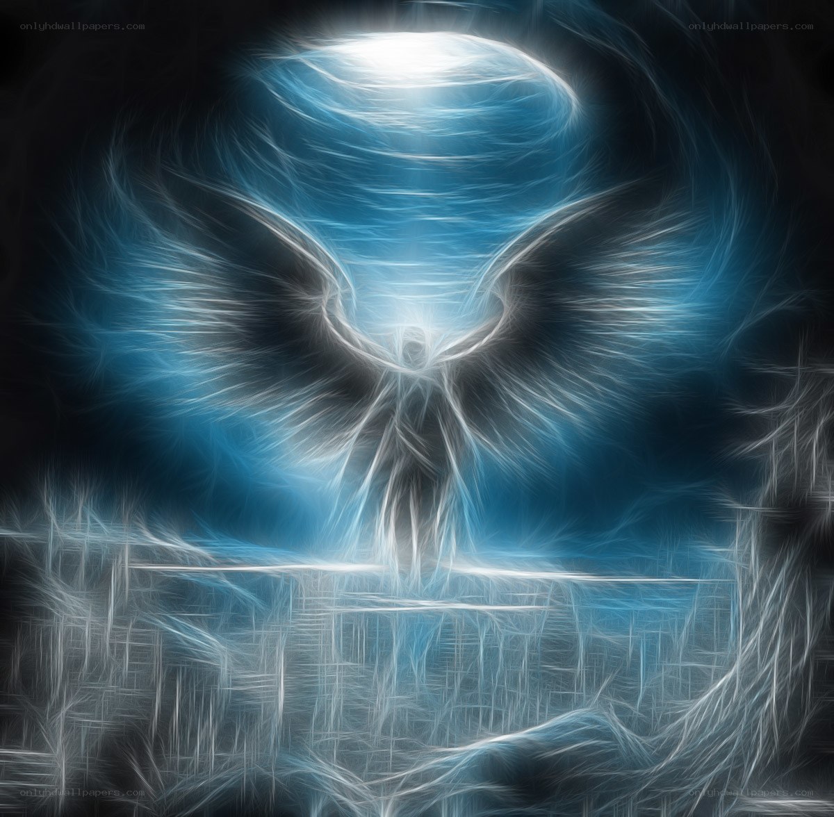 blue angel with glowing wings