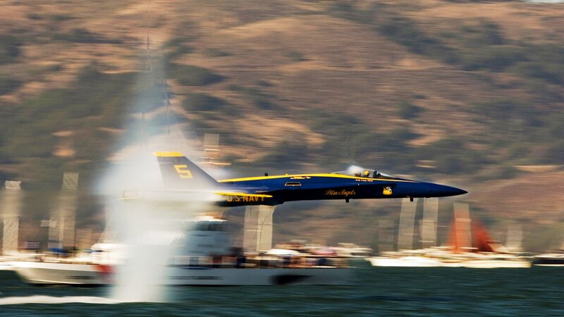 Blue Angels Jet — Dynamic, Afternoon, Photograph, Boat