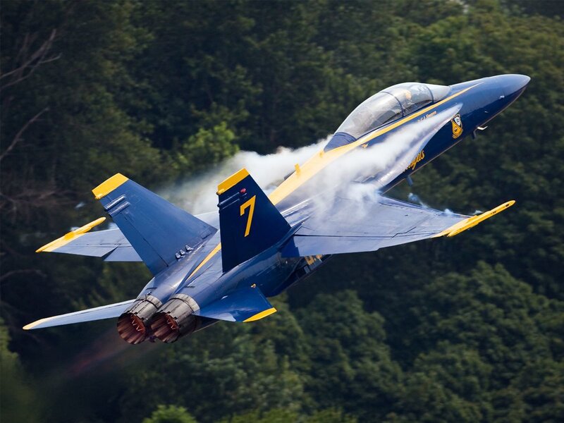 Blue Angels Jet — Dynamic, Photograph, Smoke, Trees