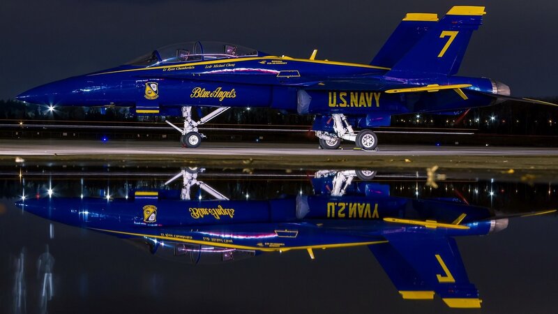 Blue Angels Jet on Runway — Dramatic, Night, Photograph