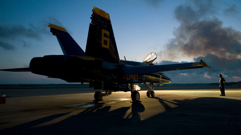 Blue Angels Jet on Tarmac — Dramatic
