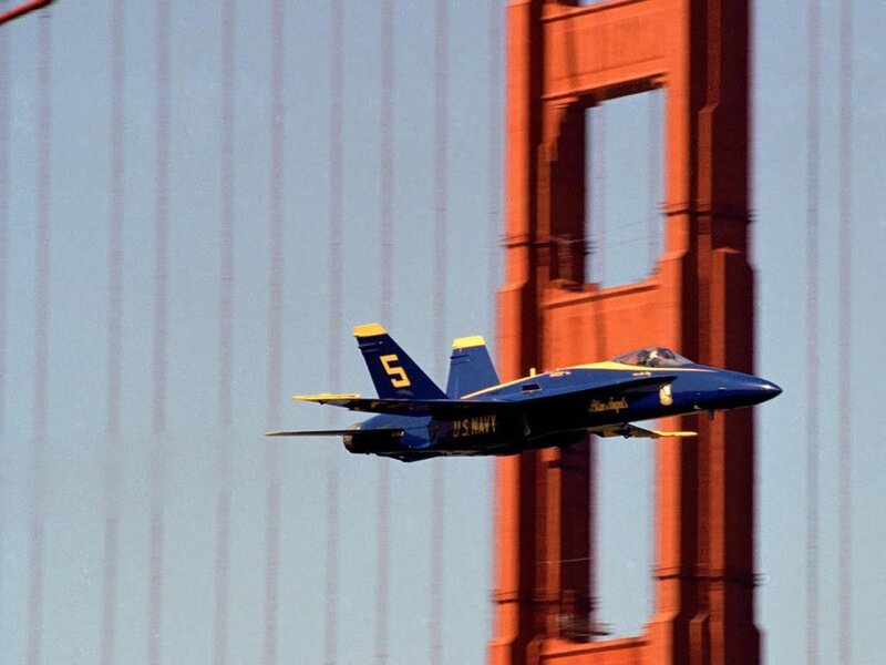 Blue Angels jet over Golden Gate Bridge