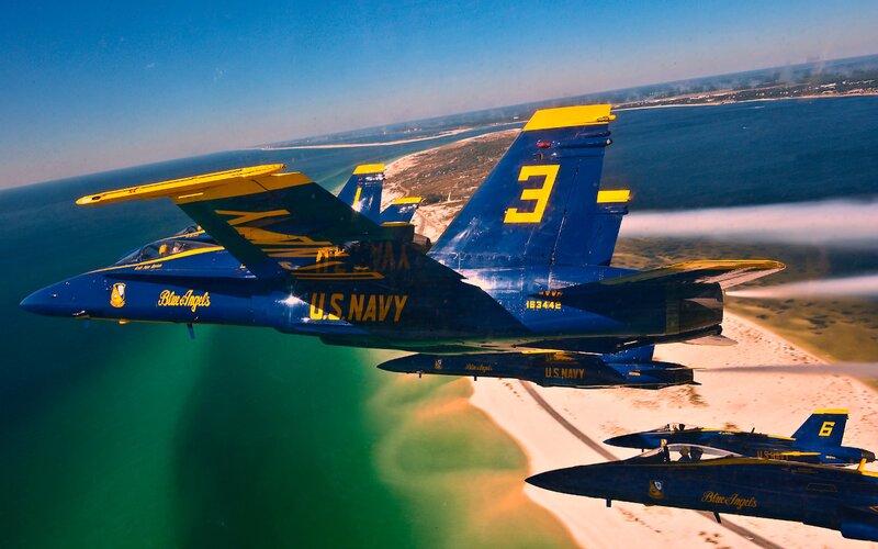 Blue Angels Jets in Formation — Dynamic, Afternoon, Photograph, Aircraft, Ocean, Beach