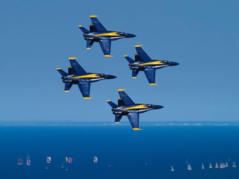 Blue Angels Jets in Formation — Dynamic, Afternoon, Photograph, Aircraft, Ocean