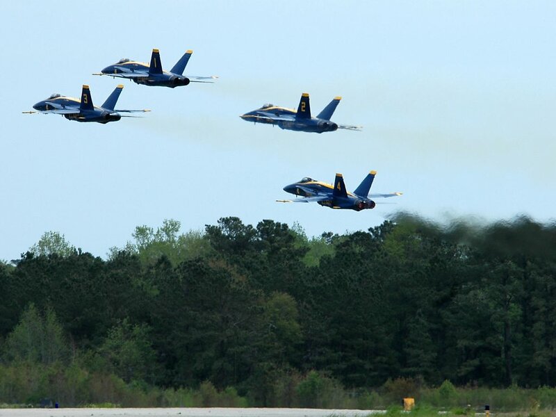 Blue Angels Jets in Formation — Dynamic, Afternoon, Photograph, Aircraft, Trees