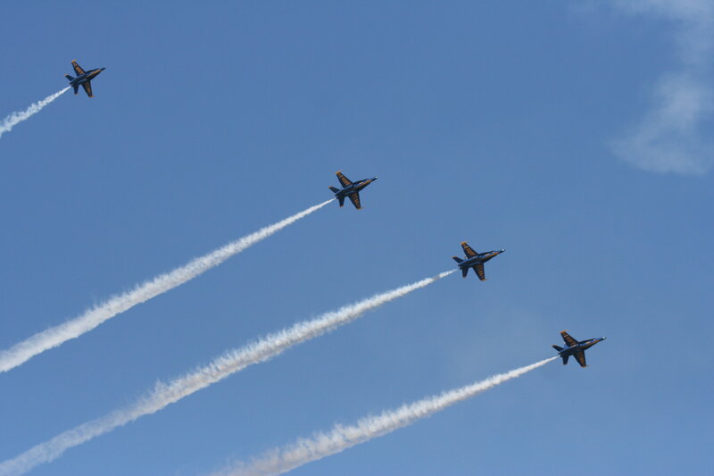 Blue Angels Jets in Formation — Dynamic, Afternoon, Photograph, Smoke Trails, Sky, White