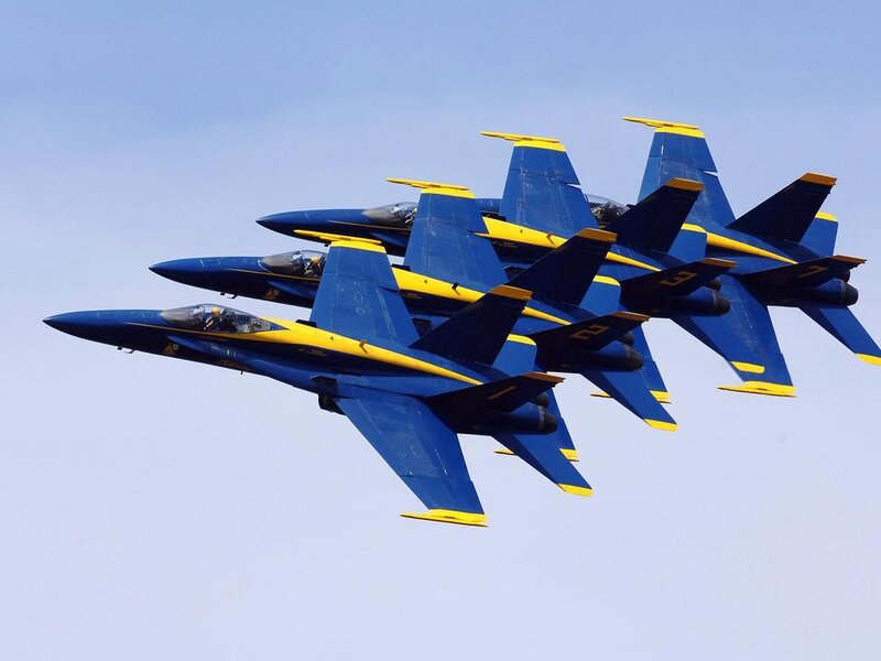 Blue Angels Jets in Formation — Dynamic, Photograph, Aircraft, Sky, Yellow