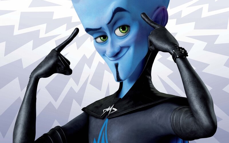 Blue animated character with green eyes