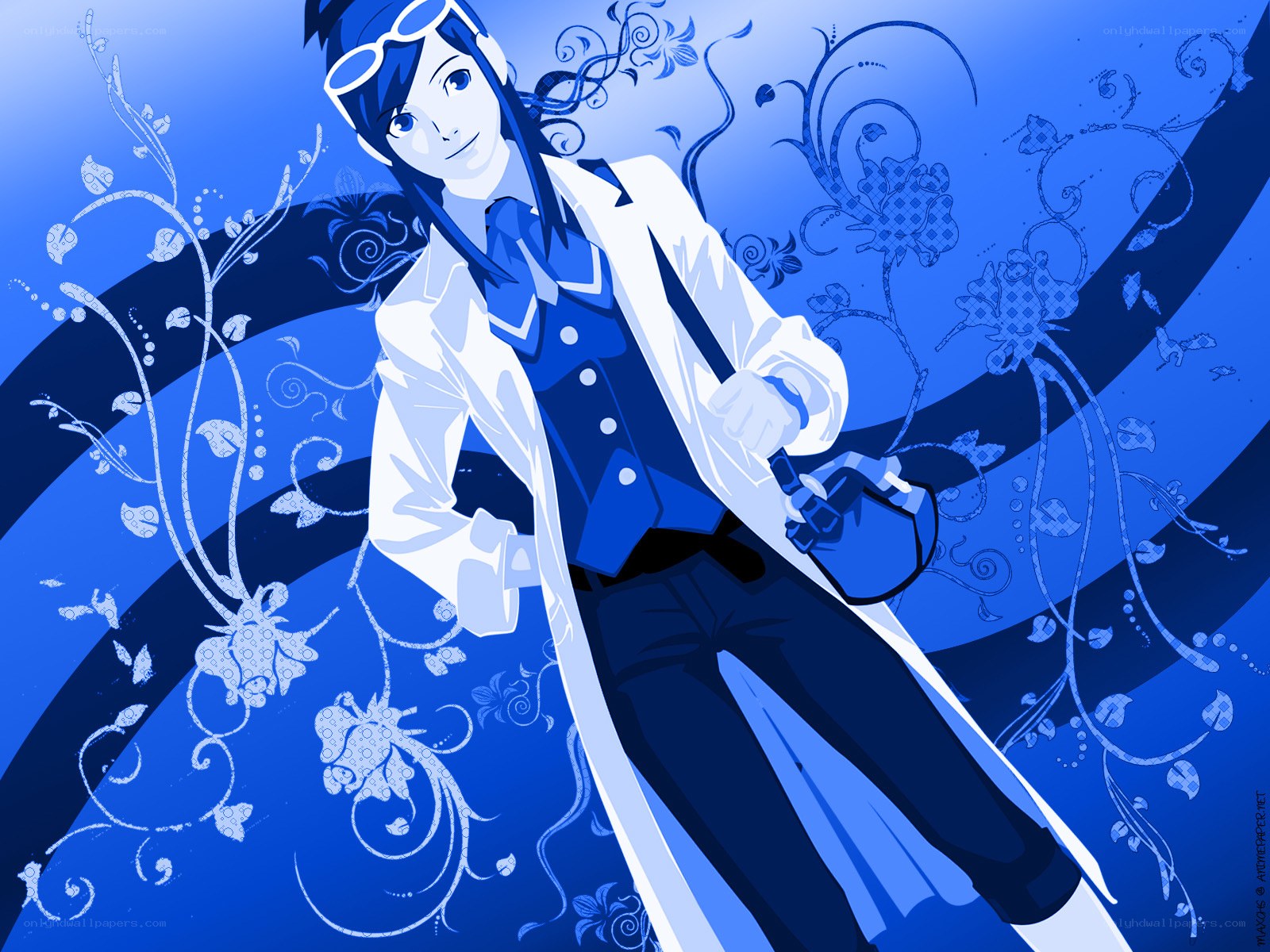 blue anime character with goggles