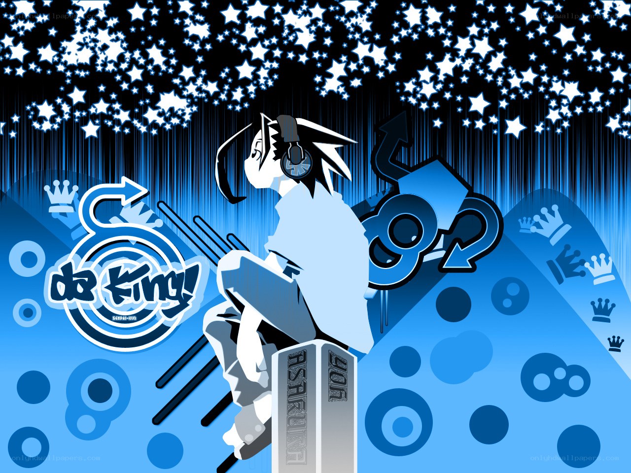 blue anime character with headphones