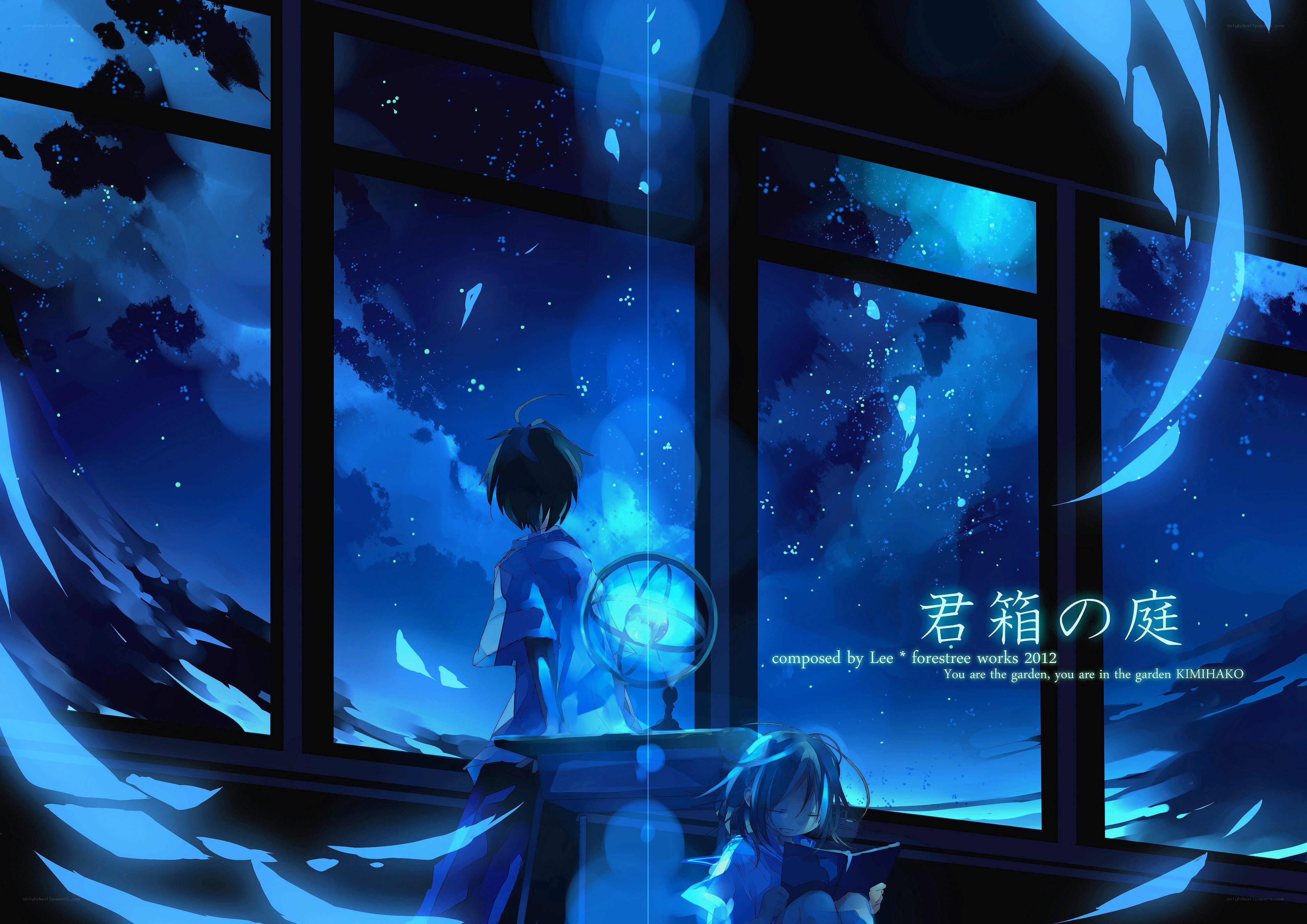 Blue anime garden scene