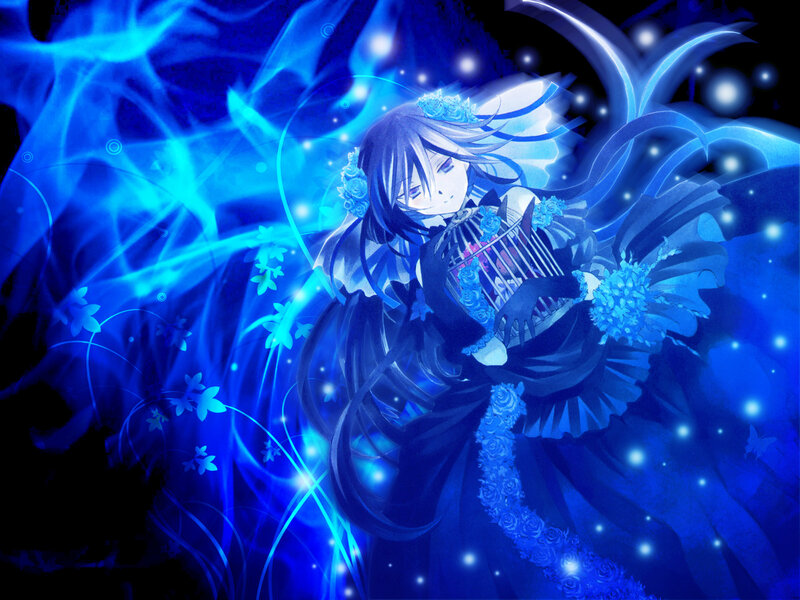 blue anime girl with birdcage