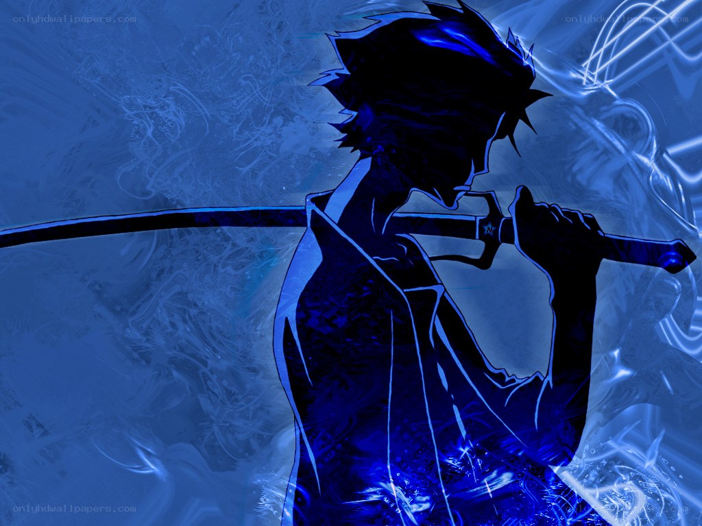 blue anime swordsman silhouette
