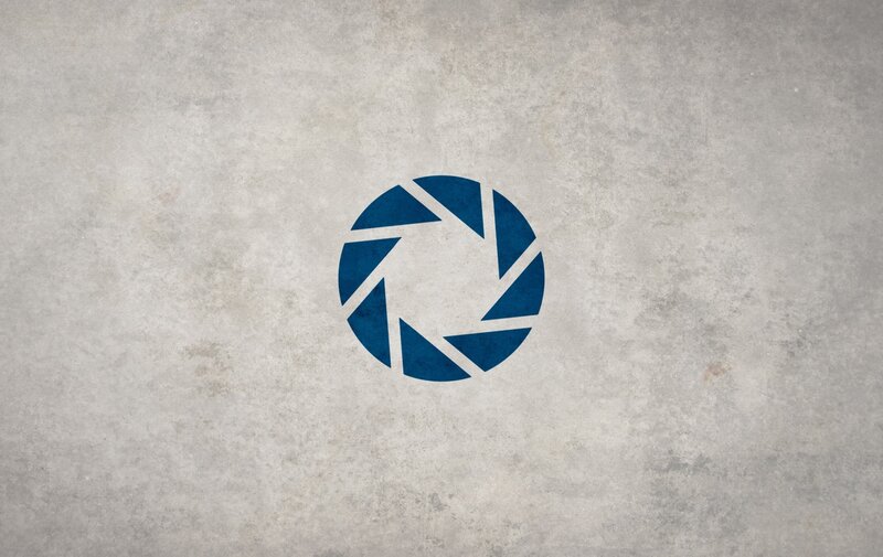Blue aperture logo on concrete