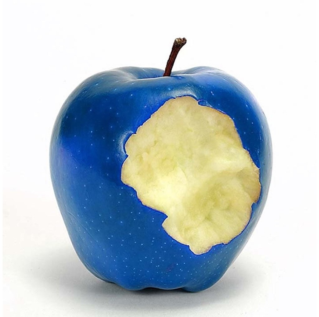 blue apple with bite taken