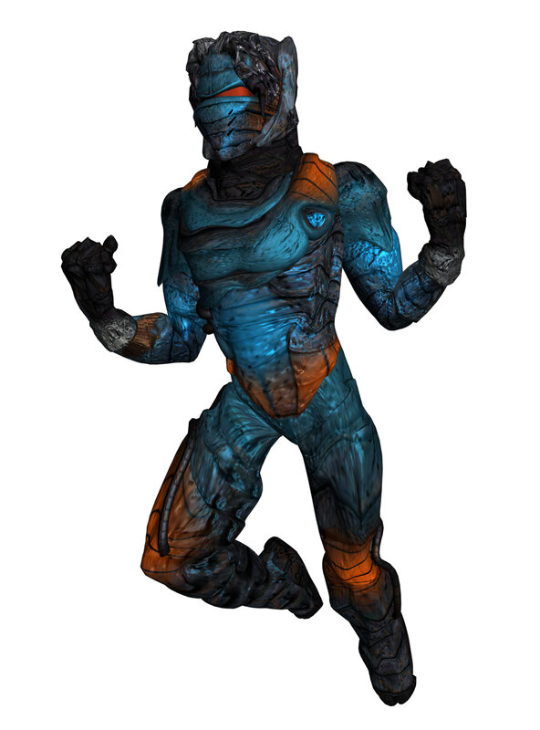 blue armored alien warrior