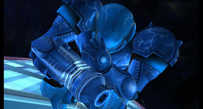 blue armored character in action
