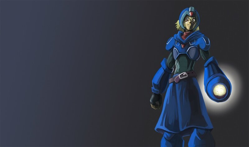 blue-armored character with light cannon