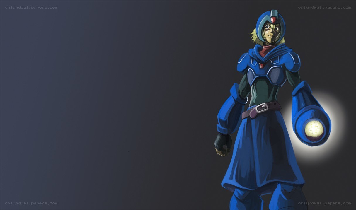 blue-armored character with light cannon