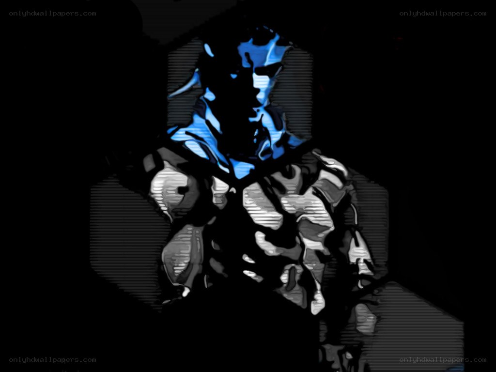 blue armored figure in dark setting