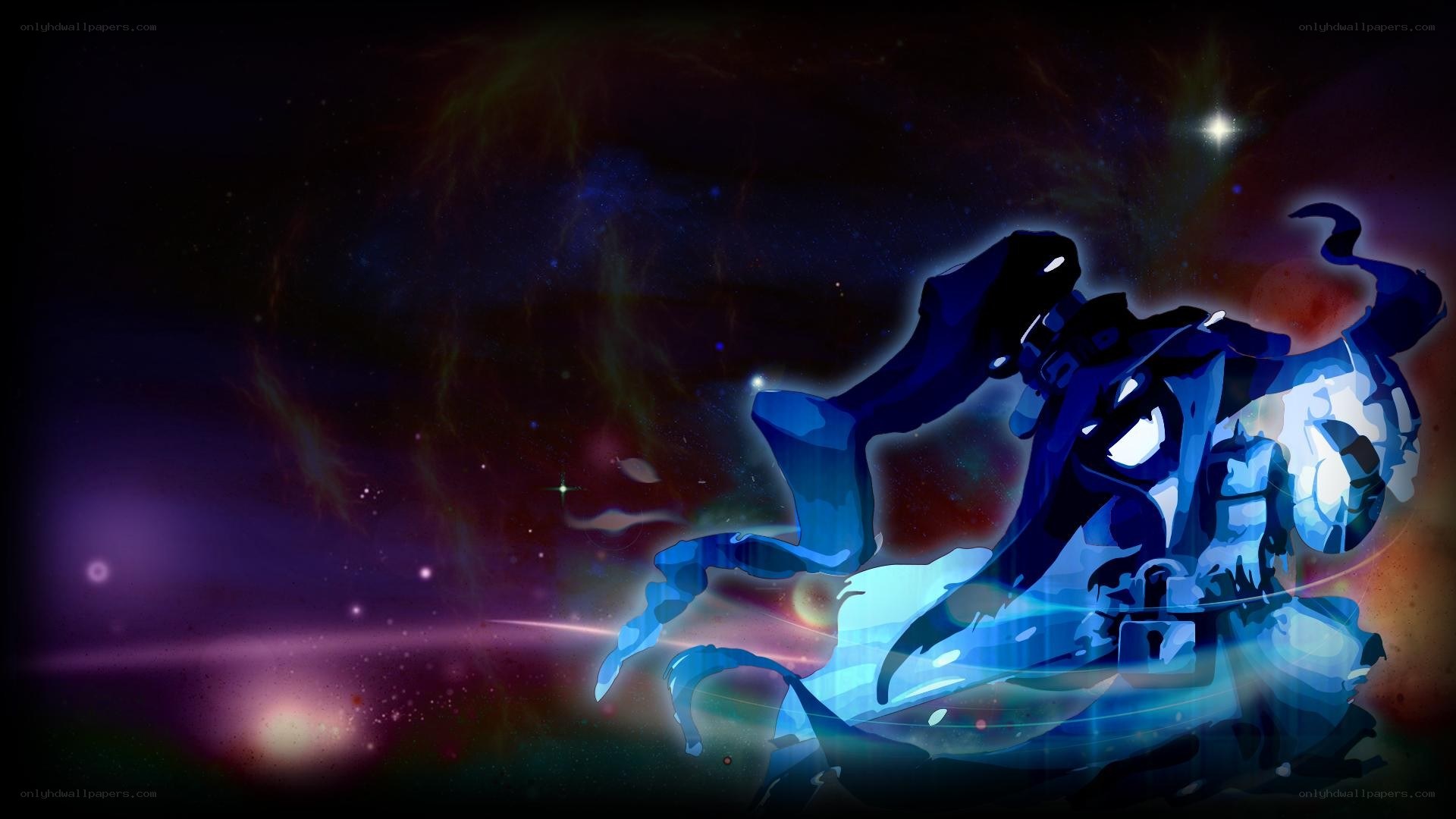 blue armored figure in space
