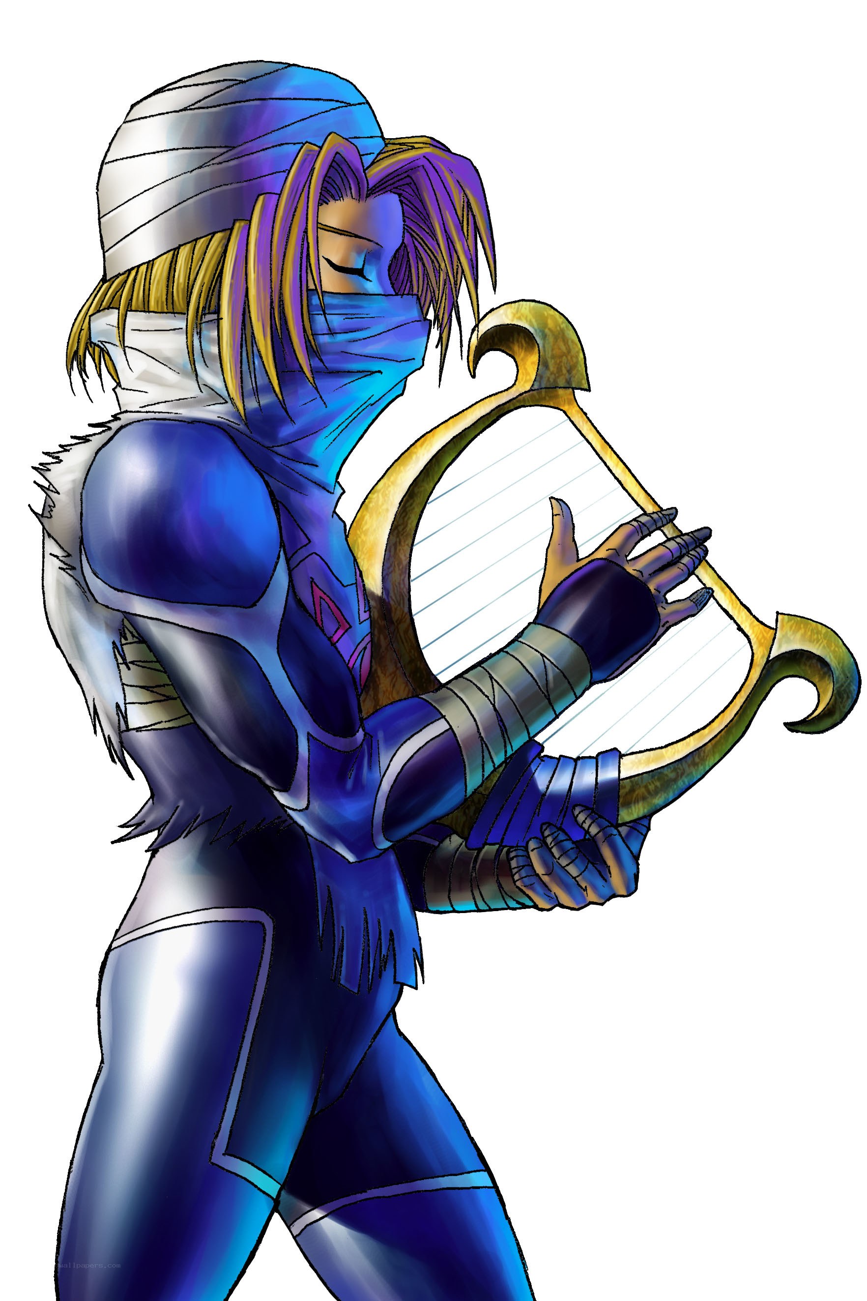 blue armored harpist