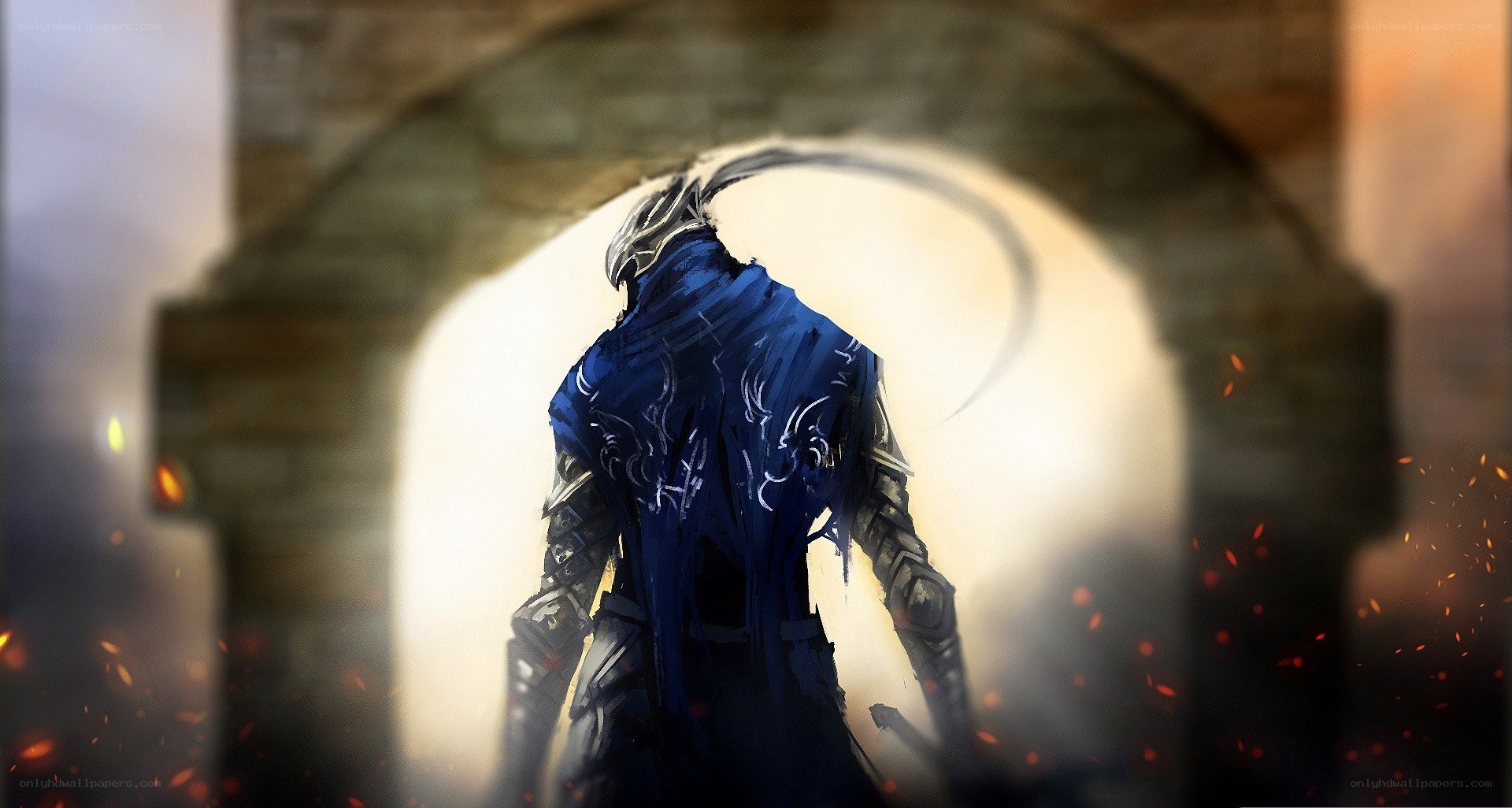 blue armored knight in archway