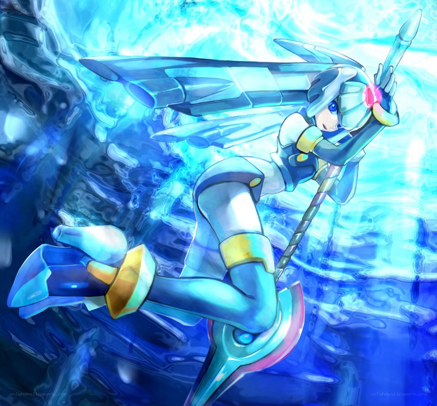 Blue armored robot in water