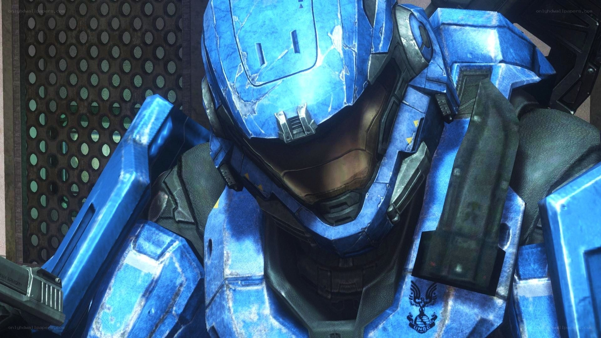 blue armored soldier close-up