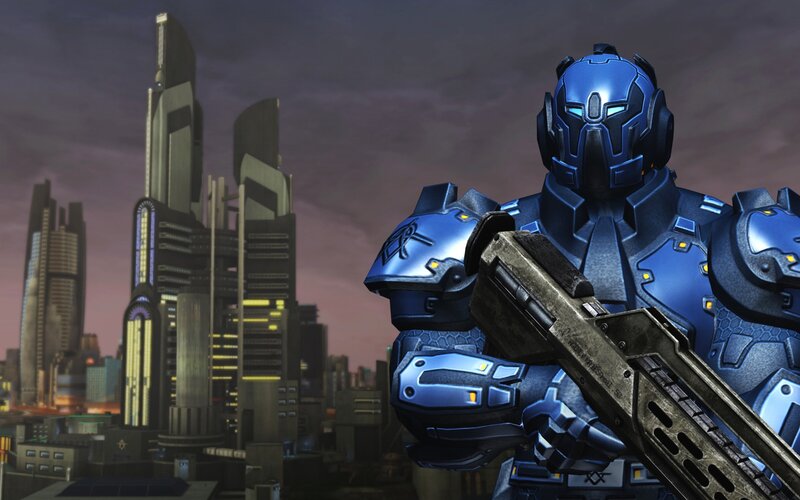 blue armored soldier in city