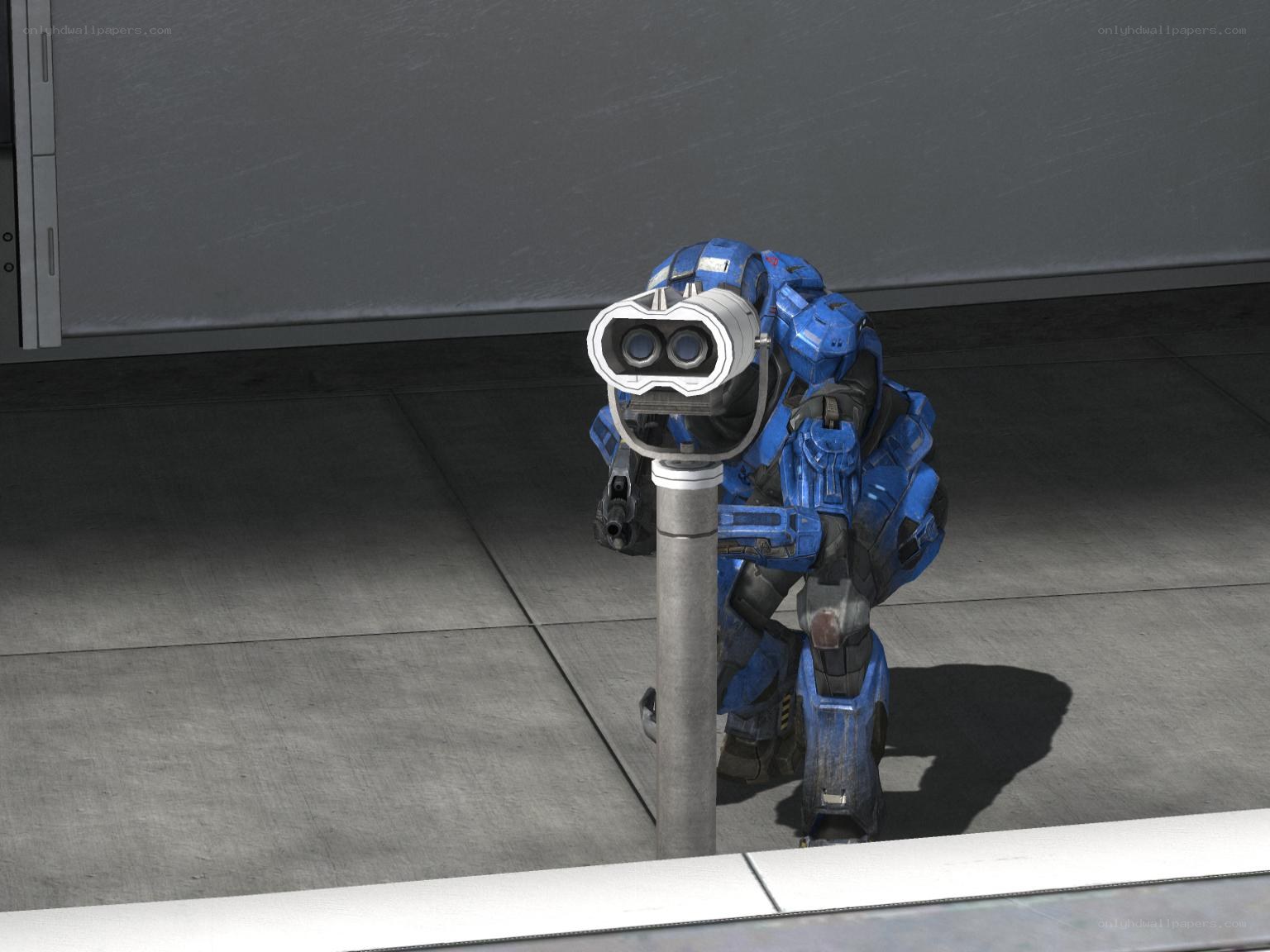 blue armored soldier using binoculars