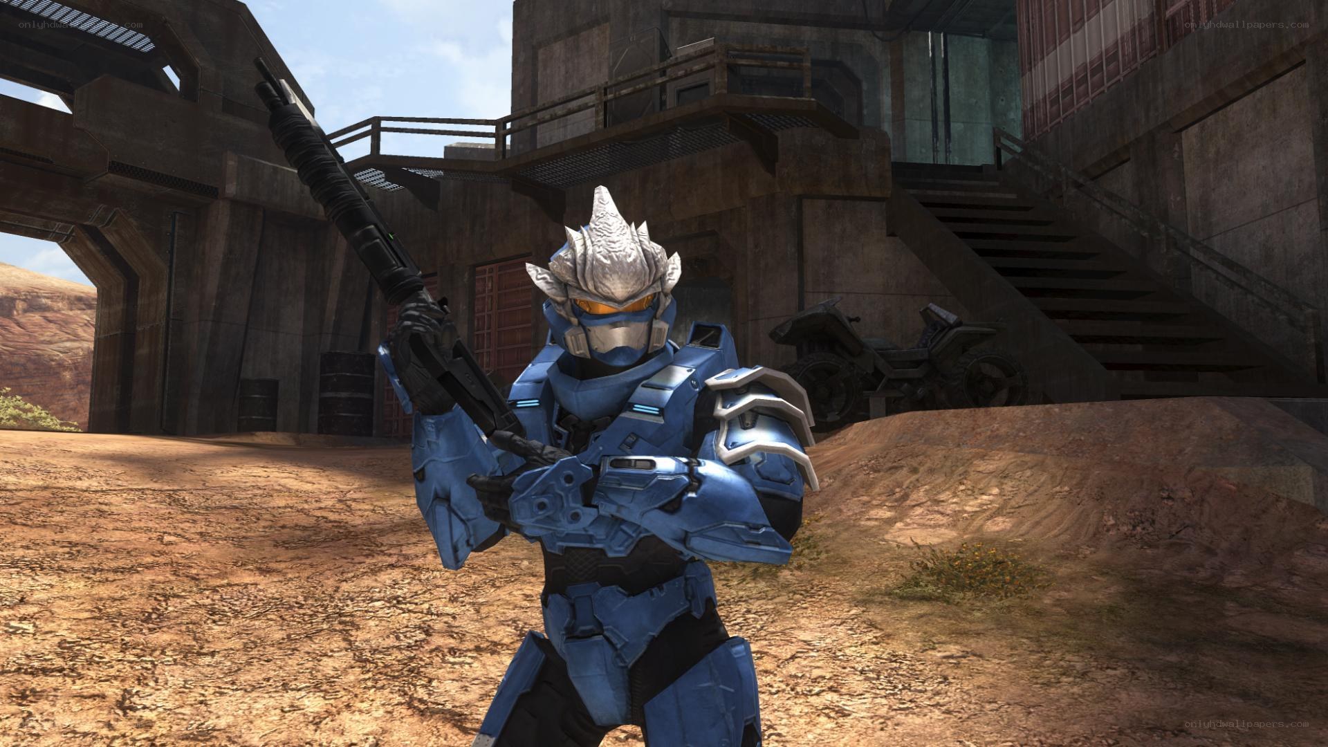 blue-armored soldier with weapon