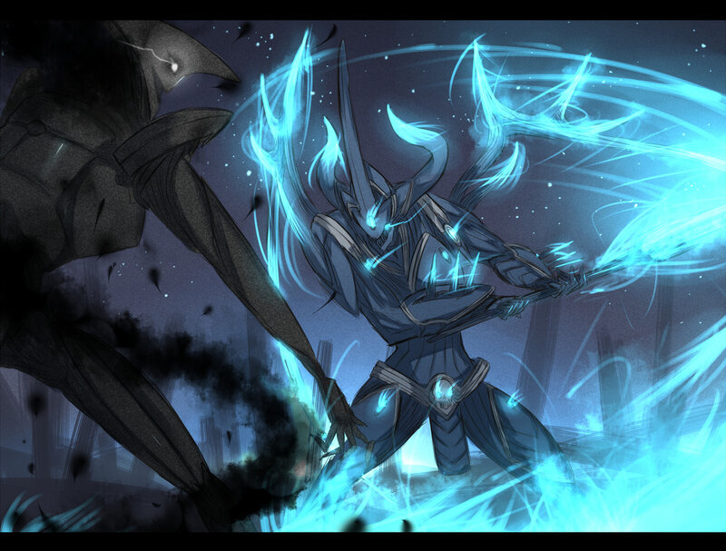 Blue-armored Warrior — Blue, Dramatic, Night, Digital Art