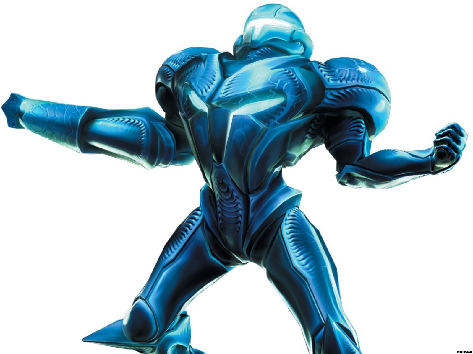 Blue armored warrior in action
