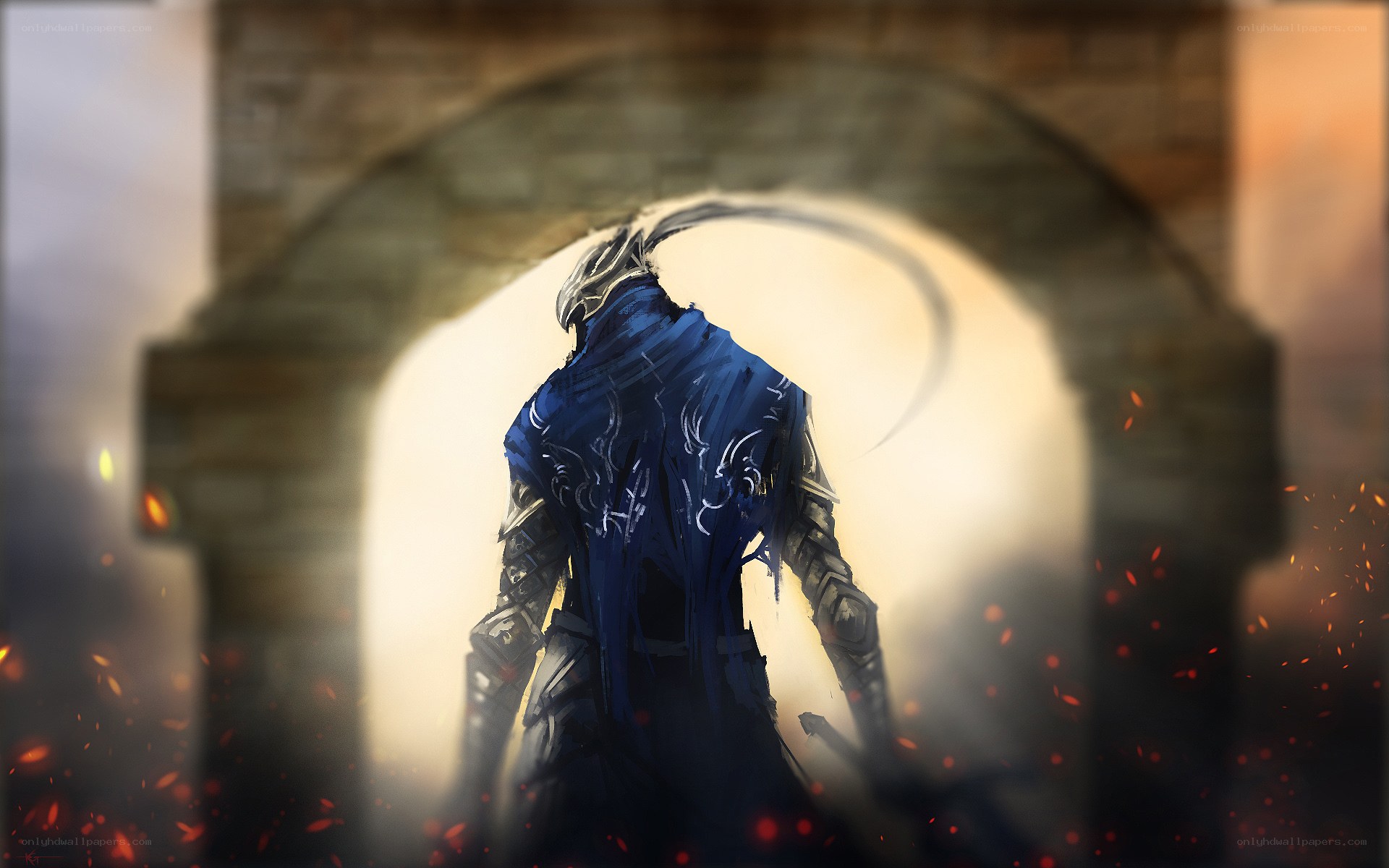 blue-armored warrior in archway
